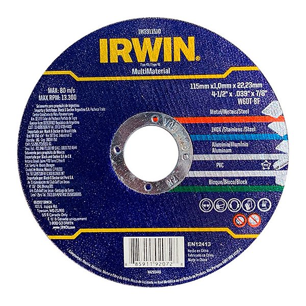 Disco de Corte MultiMaterial 115mm x 1mm x 22,23mm Irwin IW3311510