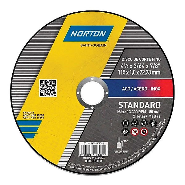 Disco de Corte Fino Aço-Inox 115mm x 1mm x 22,23mm Standard Norton