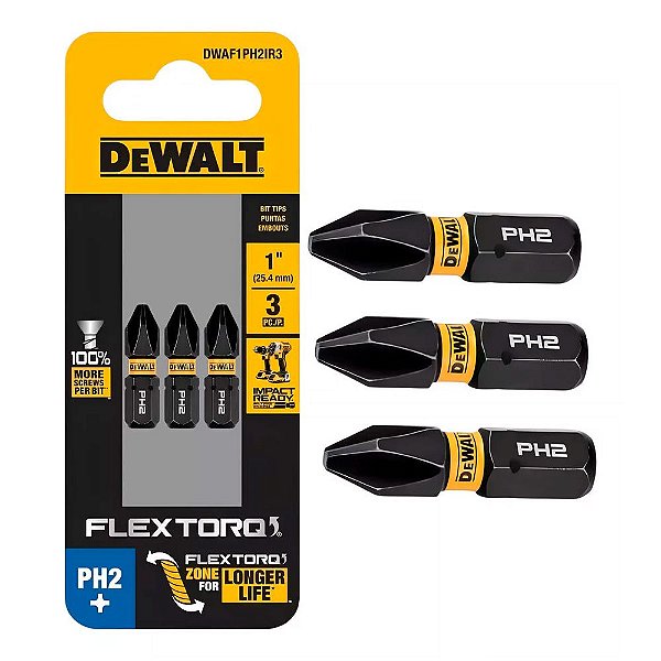 Ponta Bits Phillips Ph2 1'' 25mm Flextorq 3 Unidades Dewalt DWAF1PH2IR3