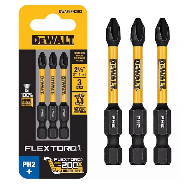 Ponta Bits Phillips Ph2 57mm Flextorq 3 Unidades Dewalt DWAF2PH2IR3