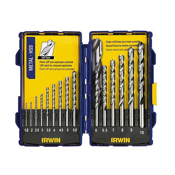 Jogo de Brocas Aço Rápido para Metais 1,5mm a 10mm 15 Peças Estojo Pro Set Irwin 1865314