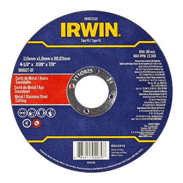 Disco de Corte Metal e Inox 115mm x 1mm x 22,23mm Irwin IW3211510