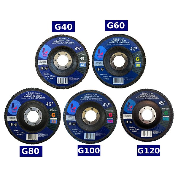 Kit 5 Discos Flap Madeira Ferro Aço Grão 40 60 80 100 120 Lotus