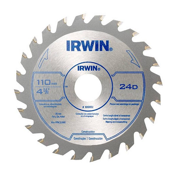 Disco de Corte Madeira Linha Construção 110mm x 20mm x 24 Dentes Irwin 1863652