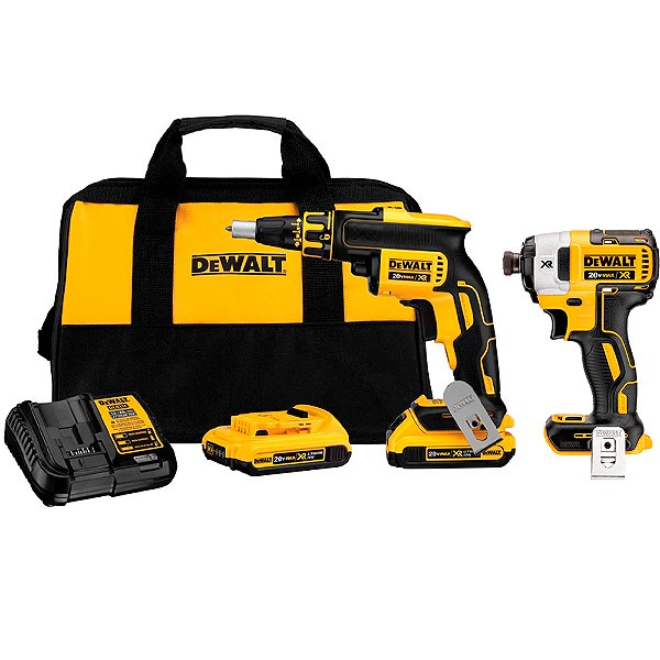Kit Parafusadeira Drywall 1/4'' Brushless 2 Baterias 20V 2Ah DCF620 + Parafusadeira de Impacto 1/4'' 20V 205Nm DCF887 Dewalt