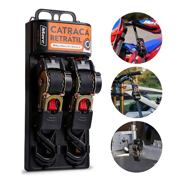 Conjunto de Cinta Catraca Automática Retrátil 800Kg x 25mm x 2 Metros S Mave