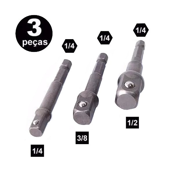Jogo de Adaptador de Soquete para Parafusadeira 1/4'' x Medidas 1/4'' 3/8'' 1/2'' com 3 Peças Atopy