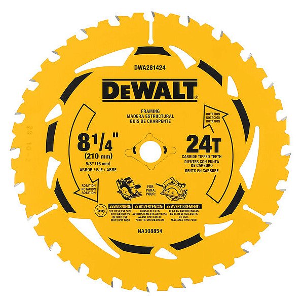 Disco Lâmina de Serra Circular para Madeira 8.1/4" 210mm x 16mm x 24 Dentes Dewalt DWA281424