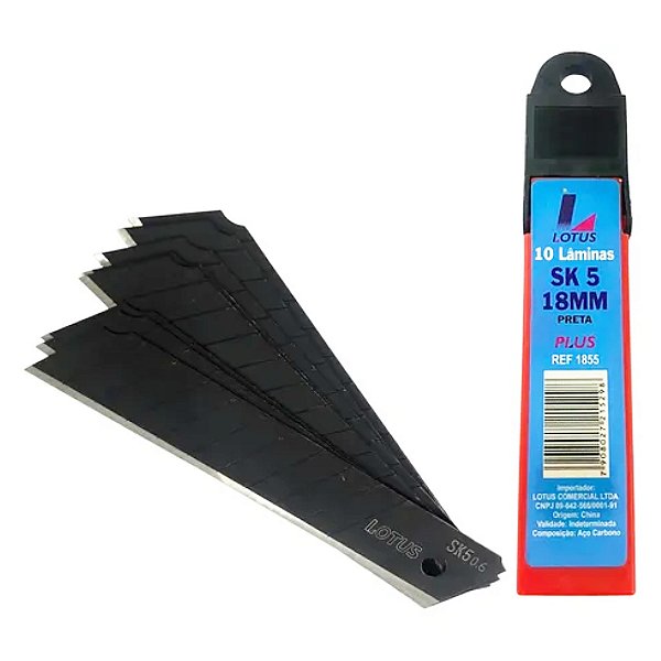 Lâminas para Estilete 18mm em Aço SK5 Preto com 10 Unidades Lotus 1855