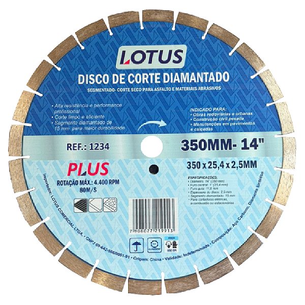 Disco de Corte Diamantado Segmentado para Asfalto 14 Polegadas 350mm x 25,4mm x 2,5mm Lotus 1234