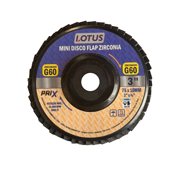 Mini Disco Flap Zirconia Grão 60 3'' x 3/8 - 75mm x 10mm Lotus 1245 Unidade