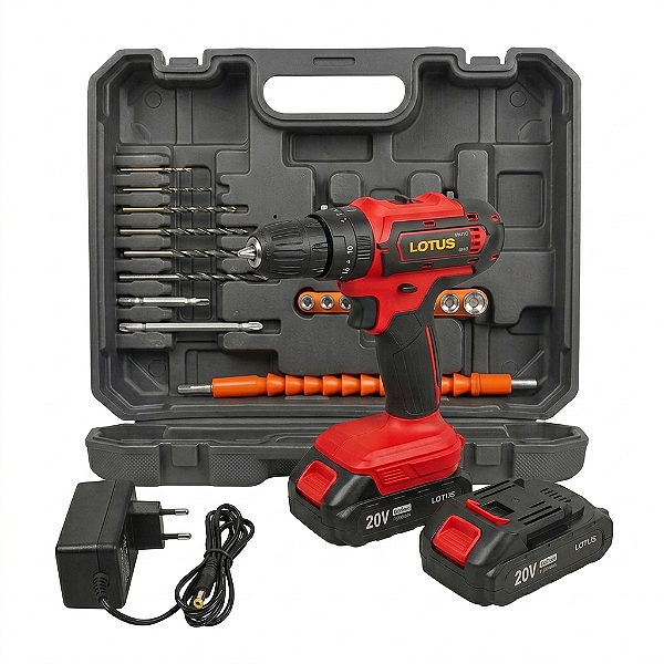 Parafusadeira/Furadeira de Impacto 20V 2 Baterias Carregador Bivolt 30 Acessórios e Maleta Lotus 1788