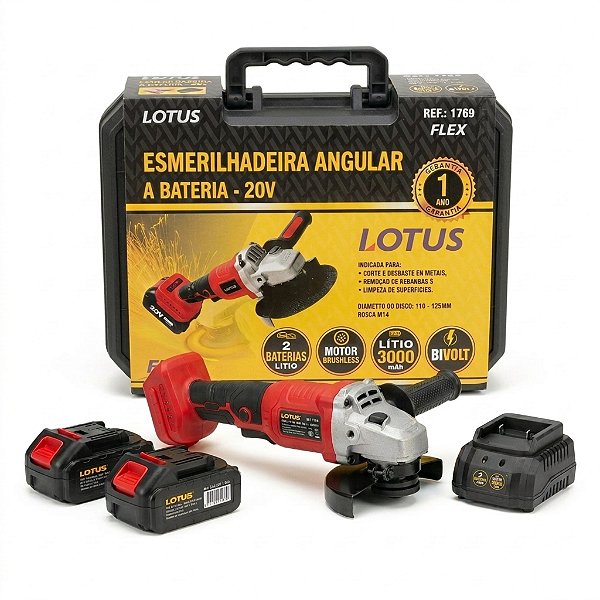 Esmerilhadeira Angular 4.1/2" 20V com 2 Baterias 3Ah Brushless Carregador Bivolt e Maleta Lotus 1769