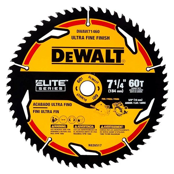 Disco Lâmina de Serra Circular Elite Series™ 7.1/4" 184mm x 5/8'' x 60 Dentes Dewalt DWAW71460