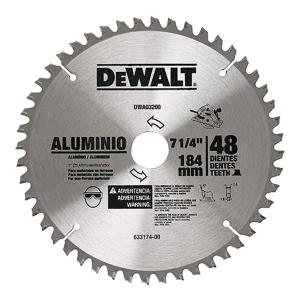 Disco Lâmina de Serra Circular para Alumínio 7.1/4" 184mm x 25mm x 48 Dentes Dewalt DWA03200