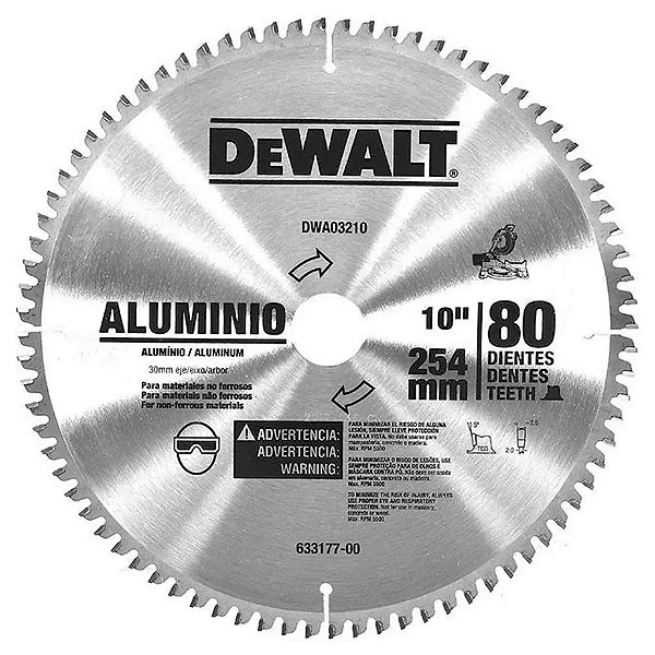Disco Lâmina de Serra Esquadria para Alumínio 10 Polegadas 254mm x 30mm x 80 Dentes DeWalt DWA03210