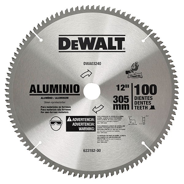 Disco Lâmina de Serra para Alumínio 12 Polegadas 305mm x 30mm x 100 Dentes DeWalt DWA03240