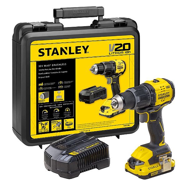 Parafusadeira/Furadeira com Impacto 1/2" 1 Bateria 2Ah 20V Max* 65Nm Brushless com Maleta Stanley SBD716D1K-BR