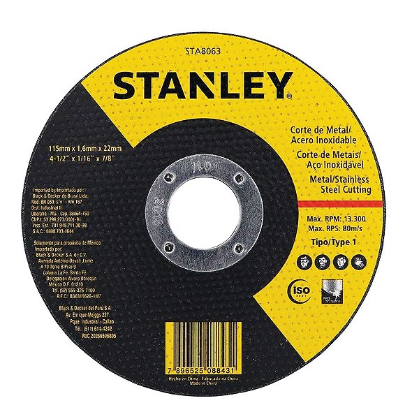 Disco de Corte de Metais e Aço Inox 115mm x 1,6mm x 22,23mm Stanley STA8063