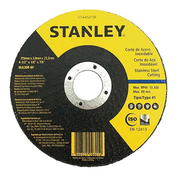 Disco de Corte de Metais e Aço Inox 115mm x 3mm x 22,23mm Stanley STA4521SF