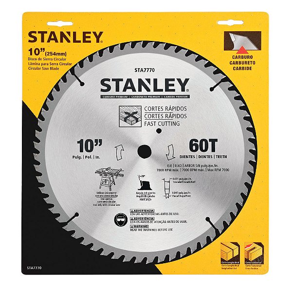Disco Lâmina de Serra Circular para Madeira 10 Polegadas 254mm x 16mm x 60 Dentes Stanley STA7770