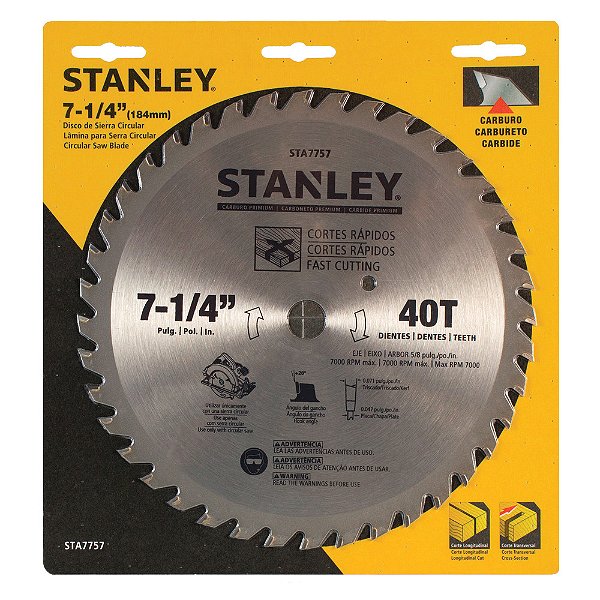 Disco Lâmina de Serra Circular para Madeira 7.1/4" 184mm x 16mm 40 Dentes Stanley STA7757