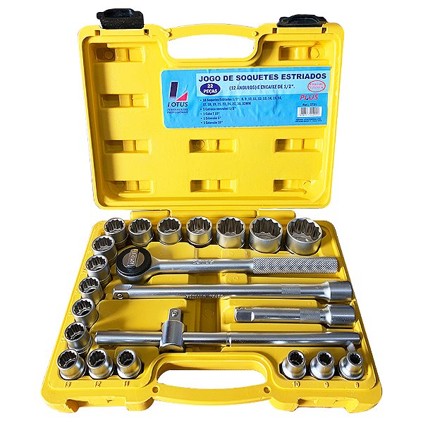 Jogo de Soquetes Estriados 1/2" com Catraca e Extensor 8 a 32mm 22 Peças Lotus 2731