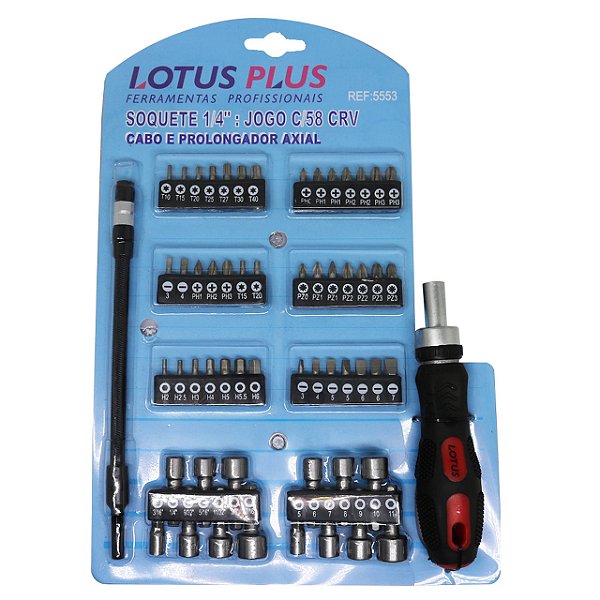 Jogo de Ponteiras e Soquete 1/4'' com Catraca e Extensor 21cm 58 Peças Diversas CRV Lotus 5553