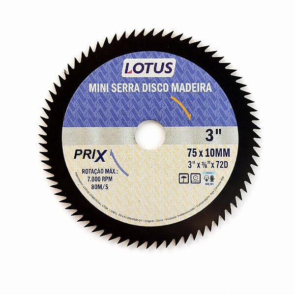 Mini Disco de Serra para Madeira 72 Dentes 3'' x 3/8 - 75mm x 10mm Lotus 1243 Unidade