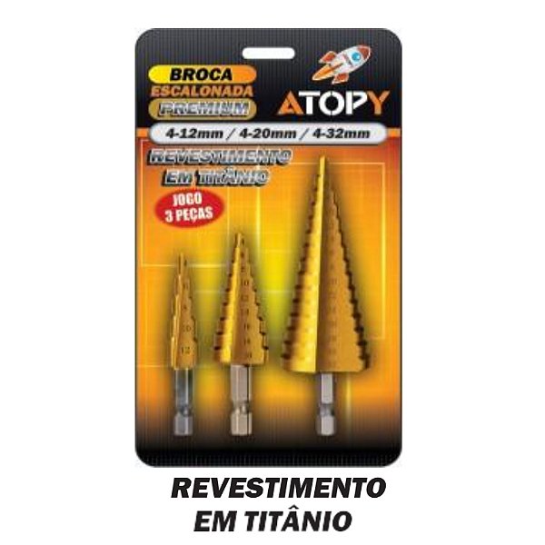Jogo de 3 Brocas Escalonadas em Titânio 4-12mm 4-20mm 4-32mm Atopy
