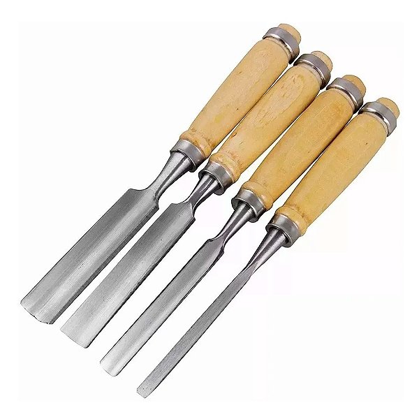 Jogo de Formão Profissional Tipo Goiva Cabo Madeira 6mm 12mm 18mm 24mm 4 Peças Lotus 4013