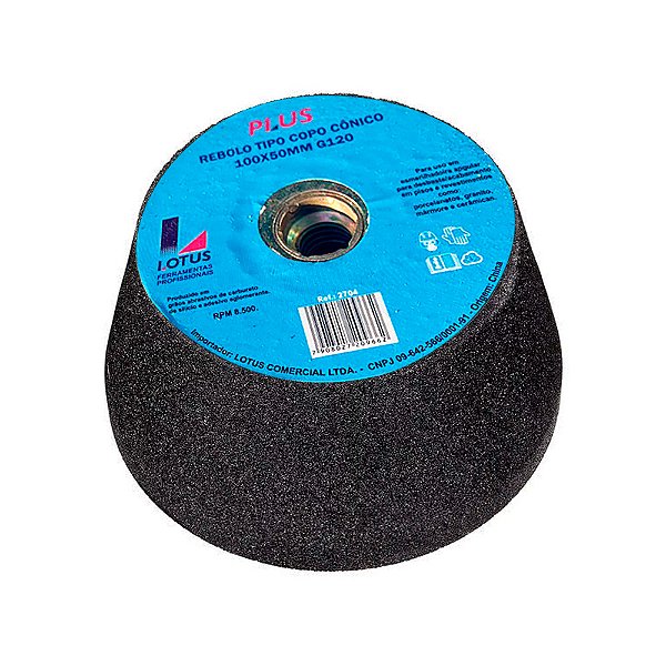 Rebolo Tipo Copo Cônico Porcelanato 100mm x 50mm Rosca M14 Grão 120 Lotus 2704
