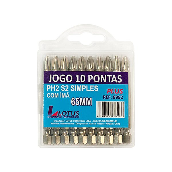 Jogo de 10 Bits Ponteira Phillips com Imã Ph2 65mm x 1/4'' Lotus 8992