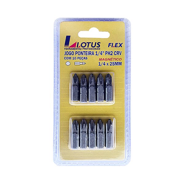 Jogo de 10 Bits Ponteira Phillips PH2 1/4'' x 25mm Crv Lotus 6440