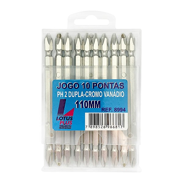 Jogo de 10 Bits Ponteira Phillips com Imã Dupla Longa Ph2 110mm Lotus 8994