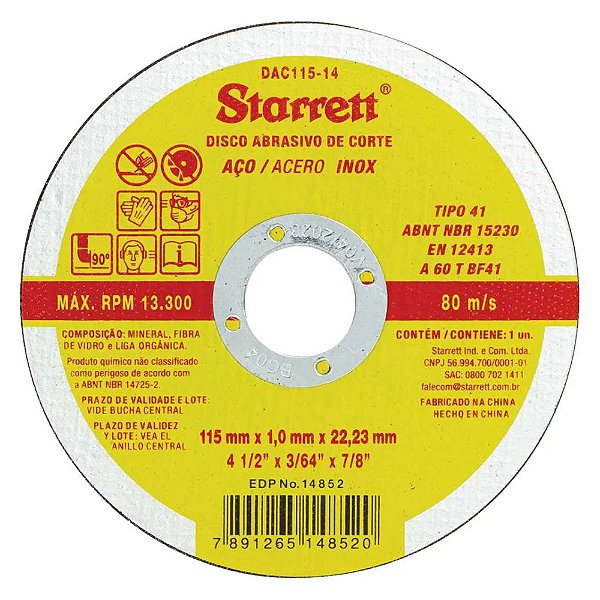 Disco de Corte Ferro 115mm x 1mm x 22,23mm DAC115-14 Starrett