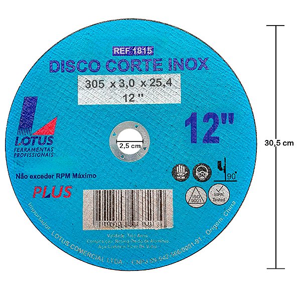 Disco de Corte Ferro Inox 12 Polegadas 305mm x 3,0mm x 25,4mm Lotus 1815