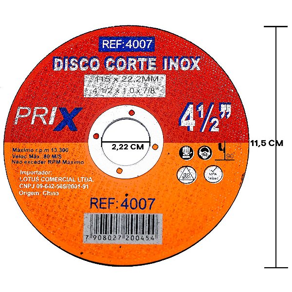 Disco de Corte Ferro 115mm x 1mm x 22,2mm Lotus 4007
