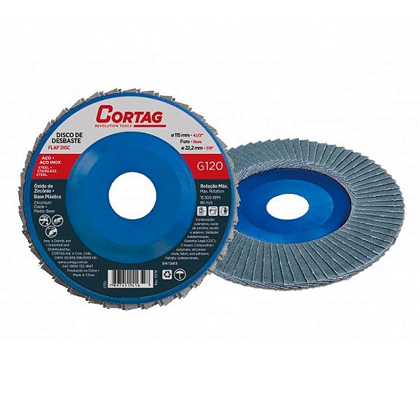 Disco Flap Óxido de Zircônio de Desbaste Base Reta de Plástico 4.1/2" Grão 120 Cortag 61655