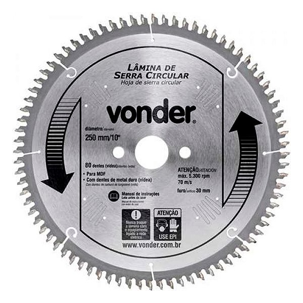 Disco Lâmina de Serra Circular para Madeira MDF 10 Polegadas 250mm x 30mm x 80 Dentes Metal Duro Vonder