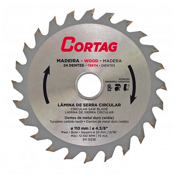 Disco Lâmina de Serra Vídea para Madeira MDF 4.3/8" 110mm x 20mm x 24 Dentes Cortag 60864