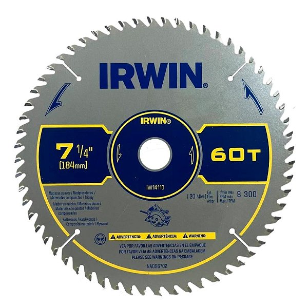 Disco Lâmina de Serra Circular para Madeira 7.1/4" 184mm x 20mm x 60 Dentes Irwin IW14110