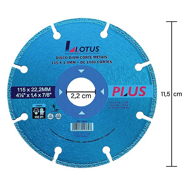 Disco Diamantado para Metais + de 1000 Cortes 115mm x 1,4mm x 22,22mm Lotus 2444