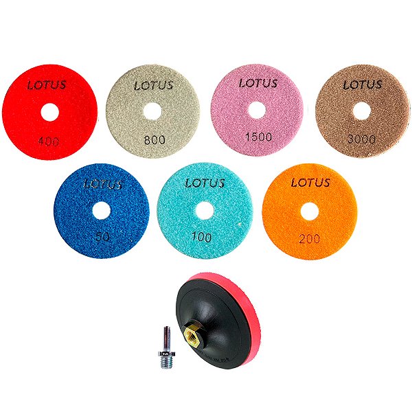 Jogo de Lixa Diamantada Brilho D’água com Velcro + Suporte Fixação 100mm Lotus 2316