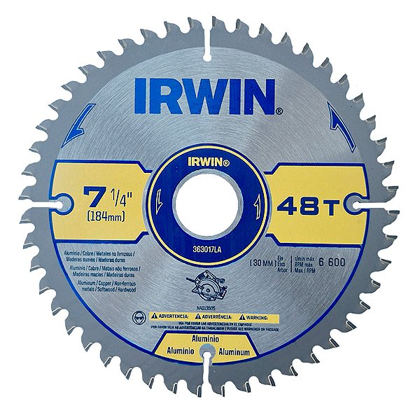 Disco Multi Corte de Serra Circular para Alumínio Madeira MDF 7.1/4" 184mm x 30mm x 48 Dentes Irwin 363017LA