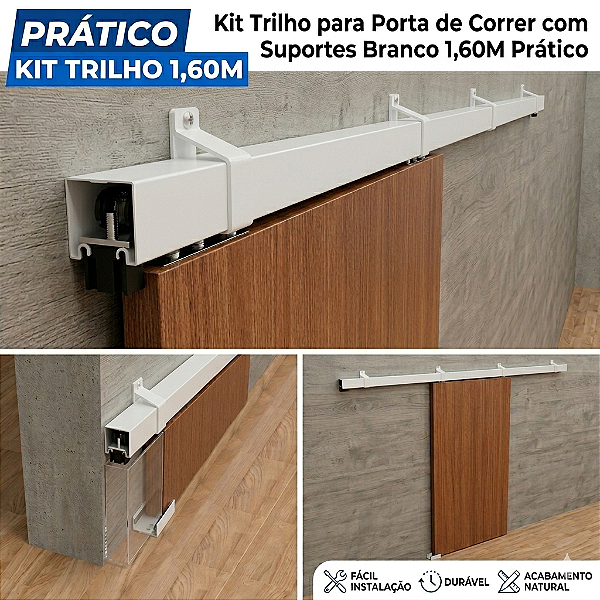 Kit Trilho para Porta de Correr com Suportes Branco 1,60M Prático