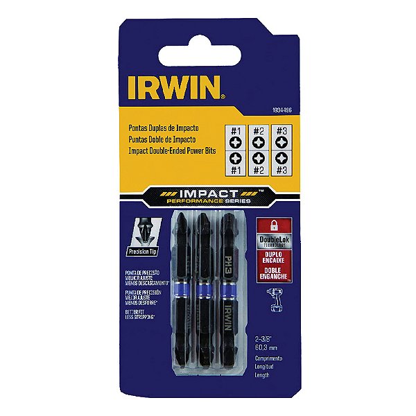 Ponteiras Duplas de Impacto Power Bits Phillips Ph1 Ph2 Ph3 60mm 3 Peças Irwin Impact 1934496