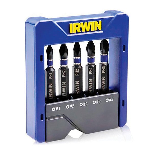 Ponteiras de Impacto Power Bits Phillips Ph1 Ph2(3) Ph3 49mm 5 Peças com Estojo Irwin Impact 1865326