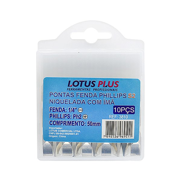 Jogo de 10 Ponteiras PH2 Phillips S2 e Fenda 1/4'' com Imã 50mm Lotus 3810
