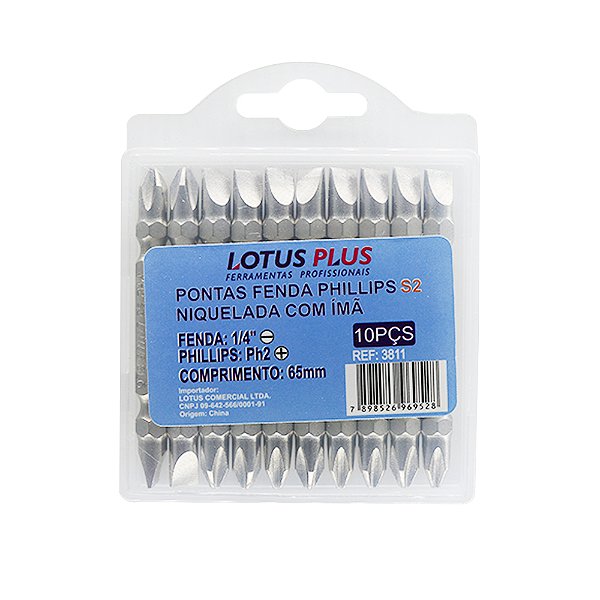 Jogo de 10 Ponteiras PH2 Phillips S2 e Fenda 1/4'' com imã 65mm Lotus 3811